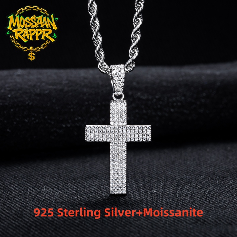 925 Sterling Silver Chain Necklace Men - MossanRappr Moissanit Bling Kreuz Anhänger Iced