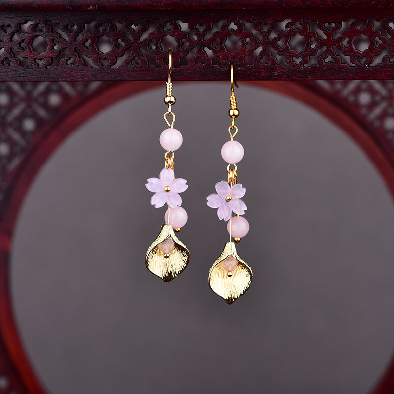 Earrings - Rosa natürliche Jade-Blumen-Ohrringe, Vintage-Geschenke für Frauen,