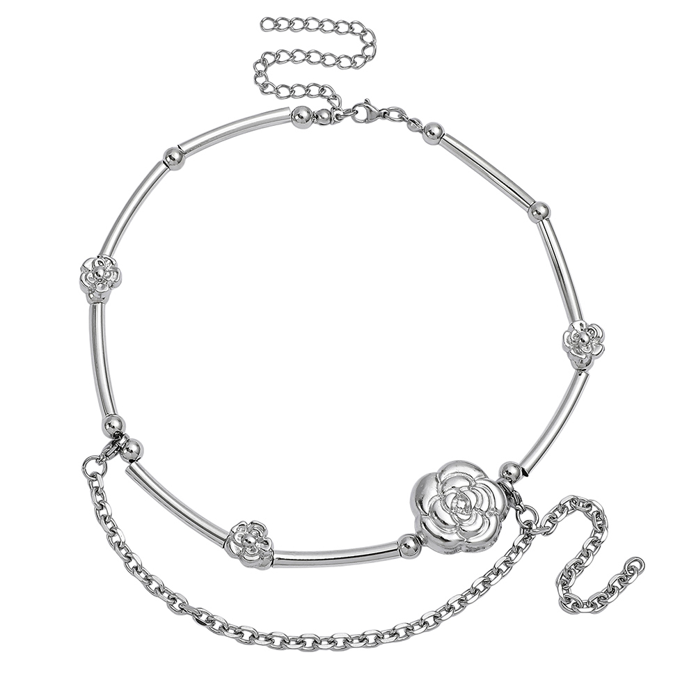 Layered Pendant Necklace Aesthetic - Y2K-Ästhetik-Kamelien-Choker, silberfarbene Röhrenperlen, doppellagige Kette, Blumenanhänger,