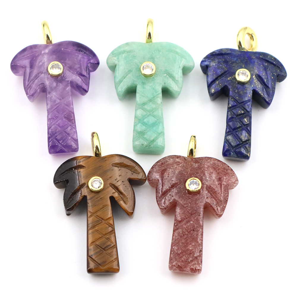 Crystal Pendant Necklace Natural Stone - 30mm Naturstein-Kokosnussbaum-Anhänger mit weißen Zirkonkristallen, geschnitzter
