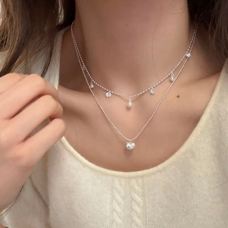 Doppellagige Silberperlen-Chok – Layered Pendant Necklace Aesthetic Bewertung und Preis